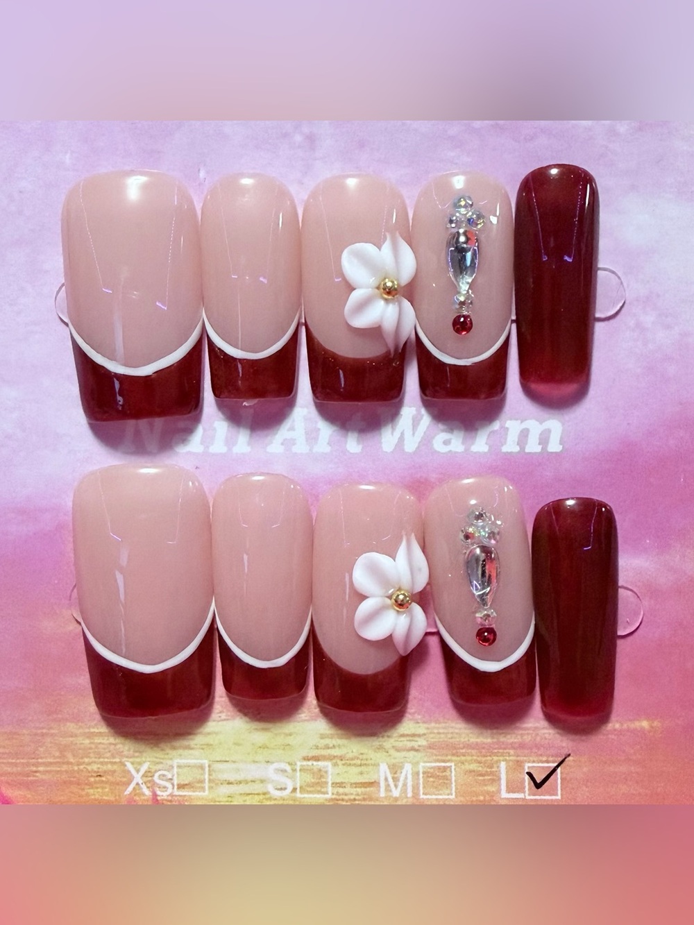 Elegant Burgundy French Tip Press-On Nails with 3D Flower Accent